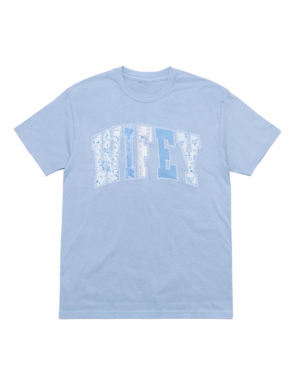 WIFEY Graphic Tee Size Large Blue Floral Patchwork Bridal Shirt Boho